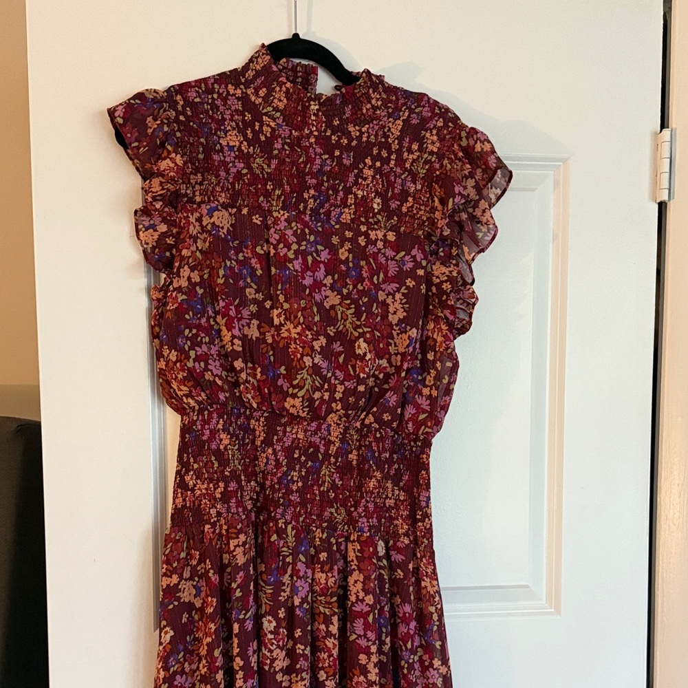 Aqua Burgundy Floral Midi Dress